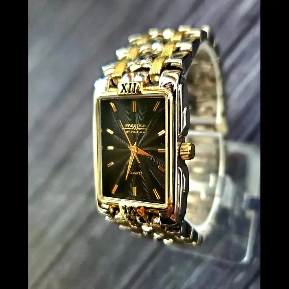Retro Vintage WALTHAM 2tone‎ 80s Black Burst Dial Men's Watch